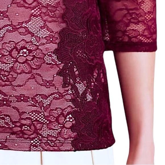 $148 Anthropologie Vintage Top Medium 6 8 Wine Lace Overlay 3/4 Sleeve Mixd Lace - Picture 6 of 16